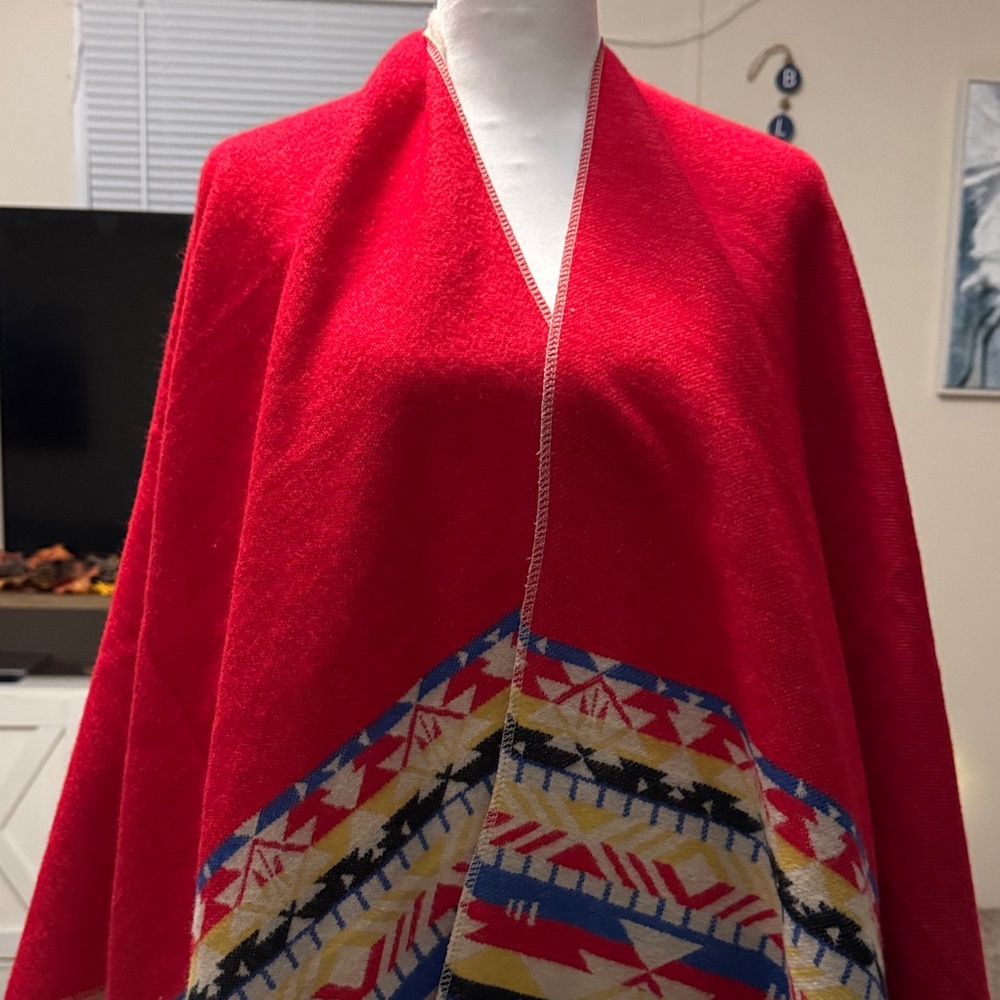 Vibrant Red Women's Cape with Patterned Trim